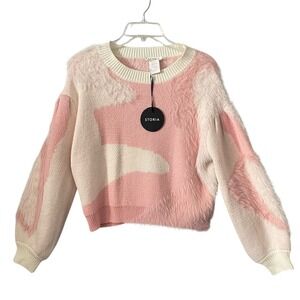 STORIA Anthropologie Pink White Fluffy Balloon Long Sleeve Sweater Size‎ Small
